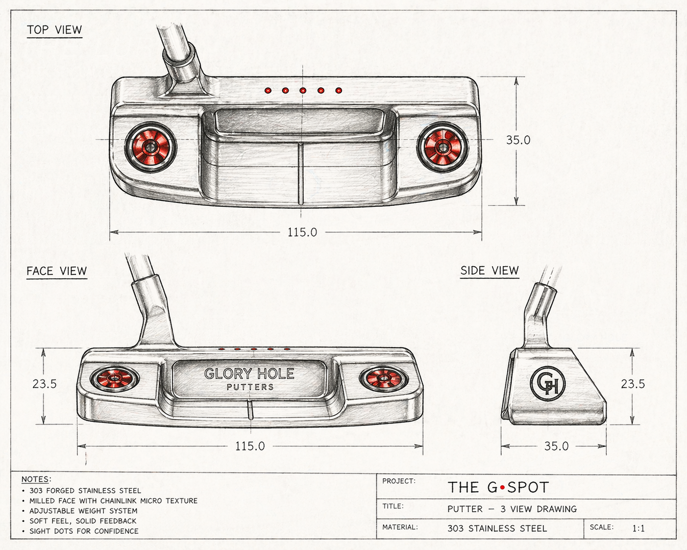 The G-Spot 2D three-view drawing