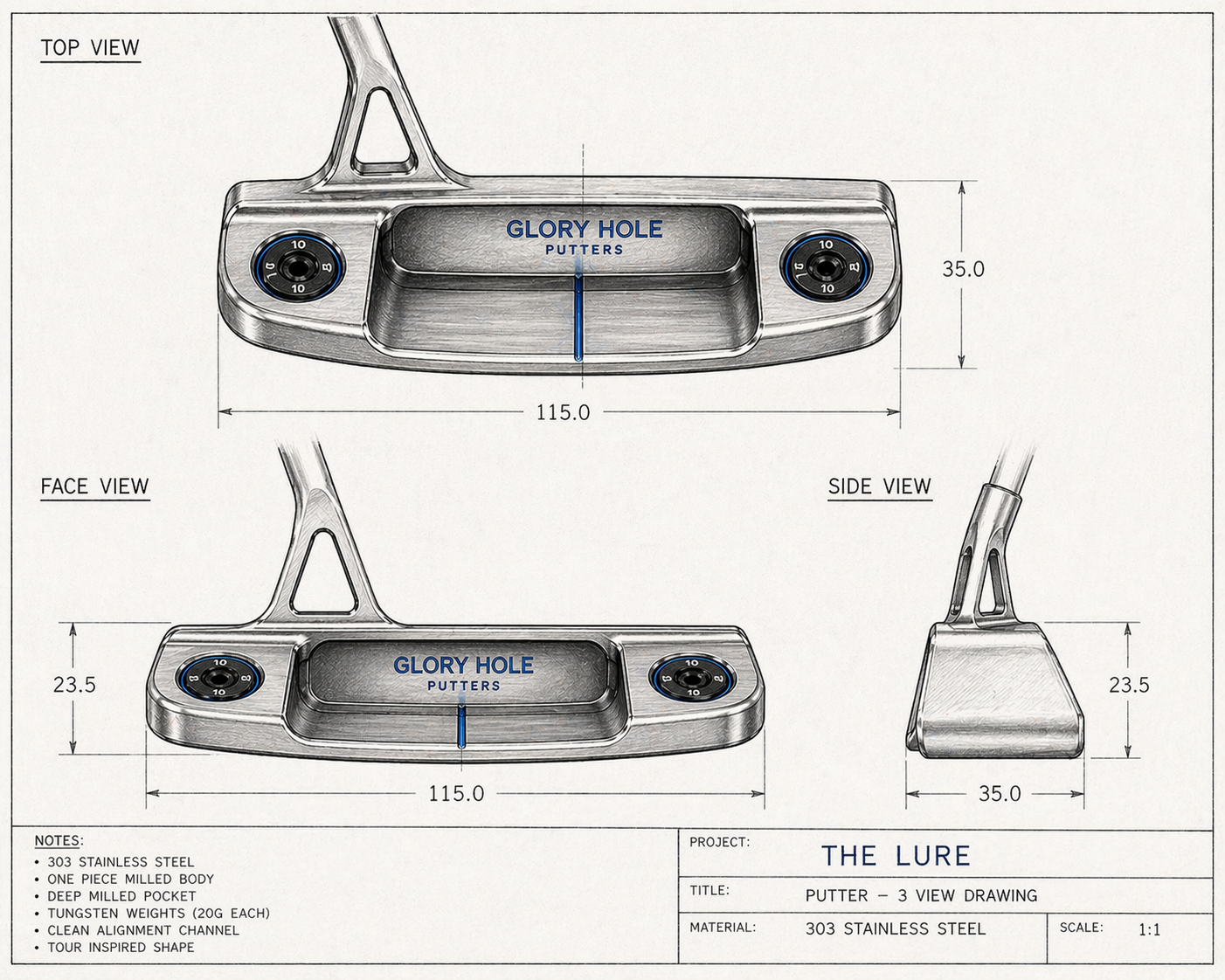 The Lure 2D three-view drawing