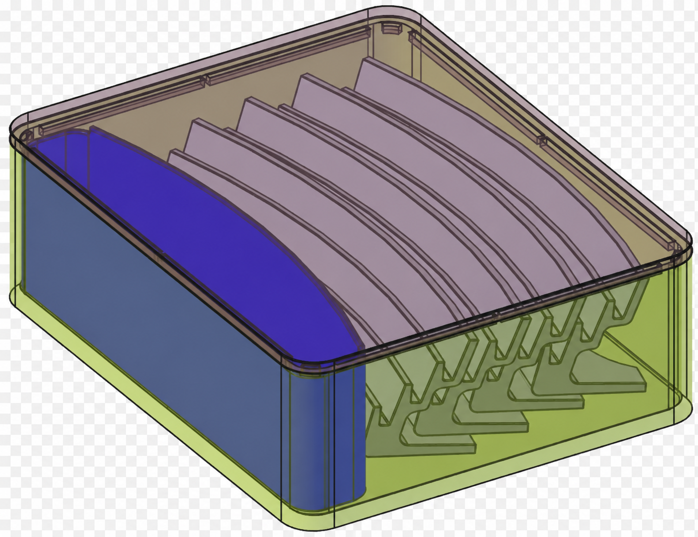 Transparent kit render showing the MeldVault 4 box, four trays, and tile troughs.