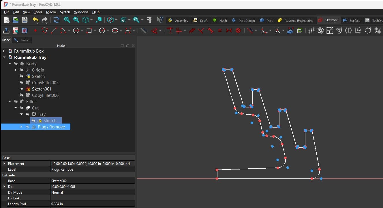 FreeCAD wireframe profile for the MeldVault 4 tray design.